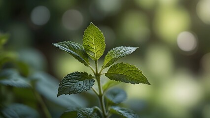 Close up shot of a vibrant green mint plant with a blurred green background in natural light setting


