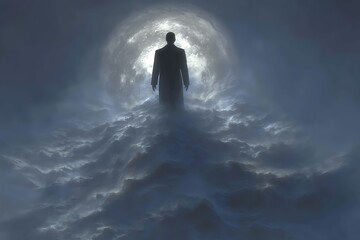 Obraz premium Silhouette of a man in a coat standing against a bright moon amidst swirling dark clouds