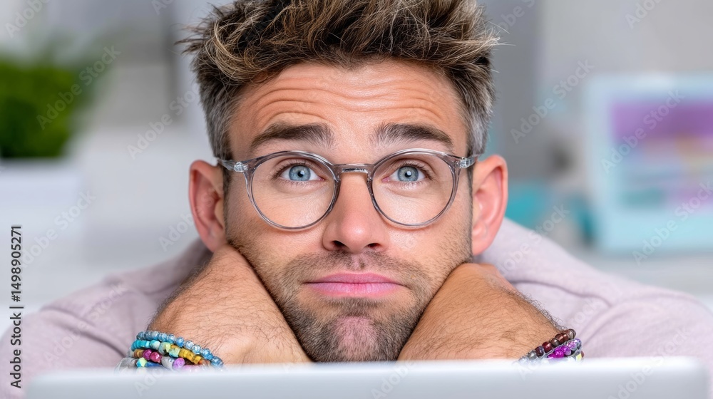 Poster man with glasses is sitting on the floor and looking at a laptop. he is deep in thought or contempla