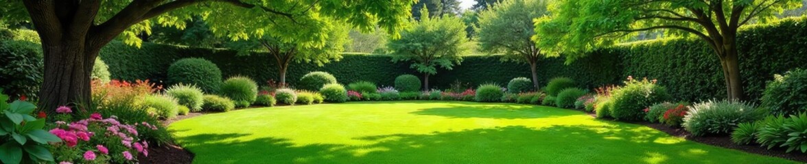 Obraz premium Serene backyard oasis featuring lush green lawn, vibrant flowerbeds, and mature trees providing shade Perfect for relaxation and outdoor living , home garden, outdoor space, spring