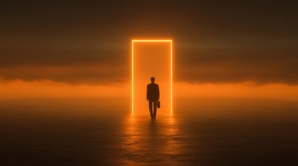 Silhouette of businessman walking towards glowing portal in surreal landscape with briefcase