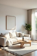 Serene minimalist living room featuring a neutral palette, clean lines, and natural light  Simple furniture and decor create a calm and spacious atmosphere ,  simple,  spacious