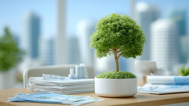 Small tree in pot on desk with city view background, representing growth and sustainability concept