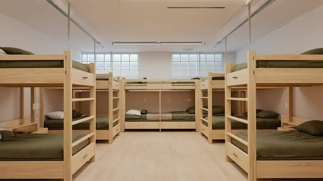 Modern hostel room with wooden bunk beds