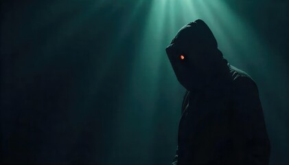 Silhouette of a mysterious figure shrouded in shadows, a single eye piercing the darkness, hinting at intrigue and hidden secrets , suspense, espionage