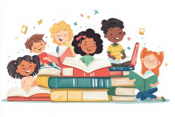 Diverse children celebrate the joy of reading together surrounded by colorful books in a playful and vibrant setting