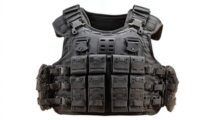 The bulletproof vest features modular attachments and robust construction, ideal for tactical operations and officer safety.
