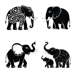 Set of Decorative Elephant Vector Icons in Various Artistic Styles

