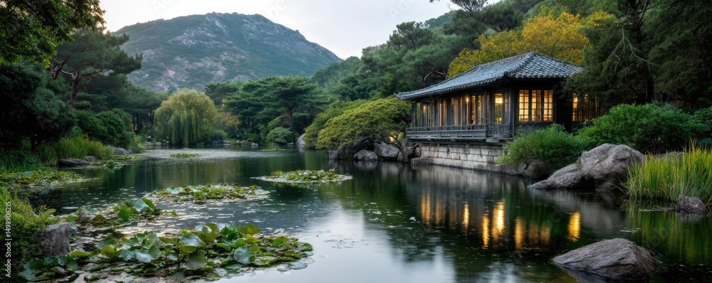 Poster Tea pavilion with minimalism and rock by lantern concept. Serene lakeside view with lush trees and traditional architecture.
