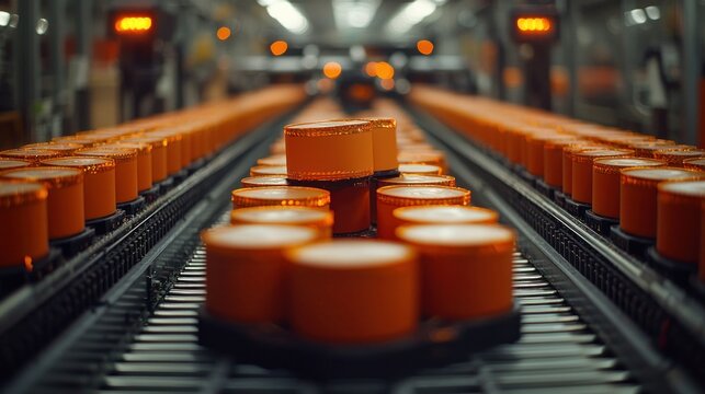 Orange containers on a factory conveyor belt