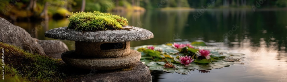 Aufkleber stone lantern in harmony with peaceful lotus pond concept. a tranquil scene of a stone lantern by a 