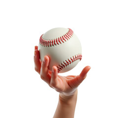 Pelota de beisbol sostenida por una mano. Aislada sobre fondo transparente. PNG. 