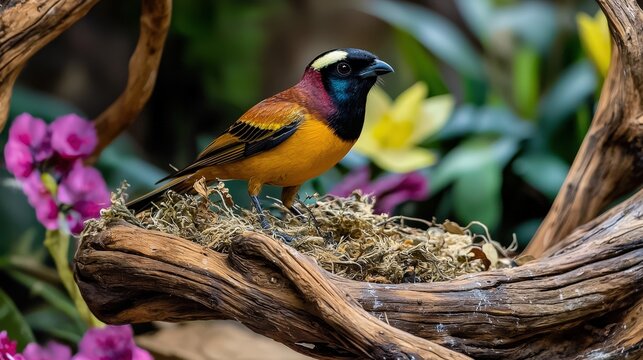 Exotic bird species displaying vibrant colors tropical environment nature photography close-up perspective