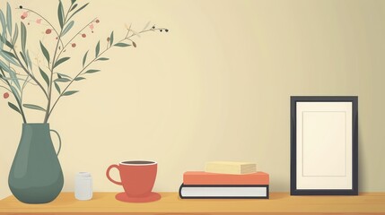 Simple Home Decor With Coffee, Books, Vase of Flowers and a Picture Frame on a Wooden Shelf Against a Beige Wall.