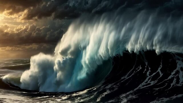 Video of a majestic whirlwind movement of water and debris, a towering tidal serge during cyclone