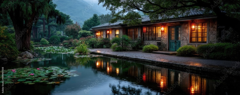 Aufkleber tea pavilion with minimalism and rock by lantern concept. serene night scene of a charming house by 