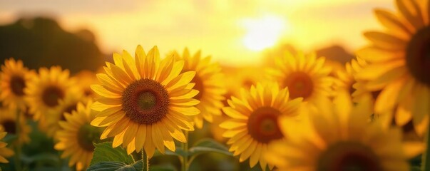 Vibrant sunflowers basking in the warm glow of sunlight, their faces tilted towards the golden rays A breathtaking display of nature's beauty and the power of the sun , flora, petals, countryside