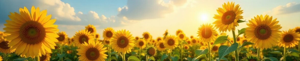 Obraz premium Vibrant sunflowers bask in the summer sun, their golden petals reaching towards the sky in a stunning display of natural beauty Perfect for nature, summer, and agriculture themes , bright, plant
