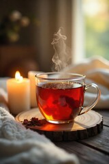 A calming glass of herbal tea steams gently, nestled amongst soft blankets and candles, creating a serene and peaceful atmosphere perfect for relaxation , candles, chamomile