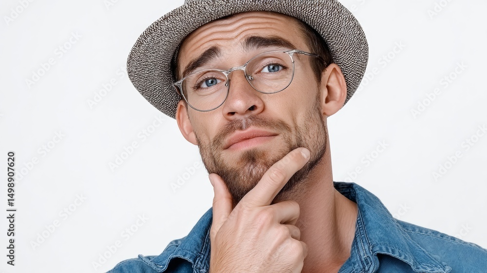 Poster man with glasses and a hat is looking at the camera with a puzzled expression. he is wearing a blue 