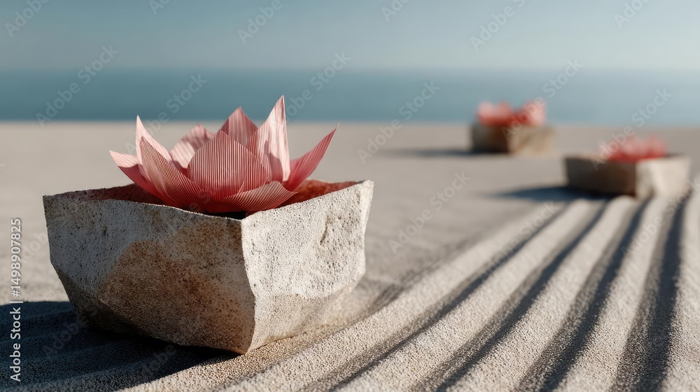 Poster raked sand patterns in tranquility with lantern and lotus concept. delicate pink flower resting on a