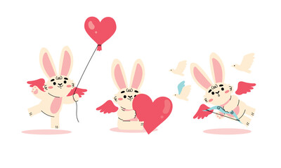 Adorable and Cute Bunnies Holding Hearts and Colorful Balloons for This Valentines Day Celebration