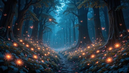 Enchanted Forest with Glowing Lights and Mystical Atmosphere