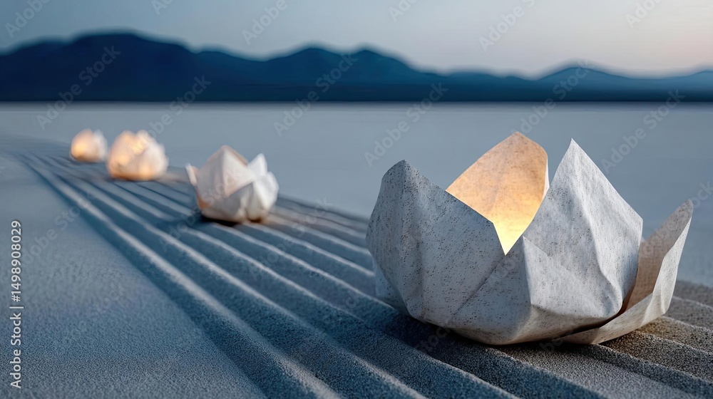 Poster Raked sand patterns in tranquility with lantern and lotus concept. Illuminated paper lanterns floating on serene water at dusk.