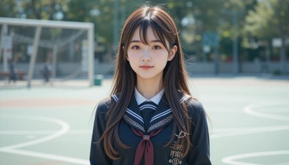 Young Student in School Uniform Posing on Basketball Court