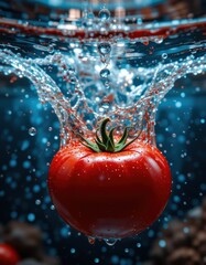 Fresh Red Tomato Splashing in Clear Water with Bubbles and Ripples