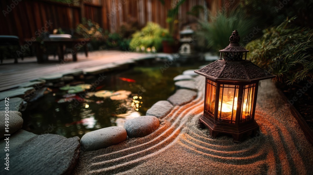 Poster Raked sand patterns in tranquility with lantern and lotus concept. Serene garden lantern by a tranquil pond with soft lighting.