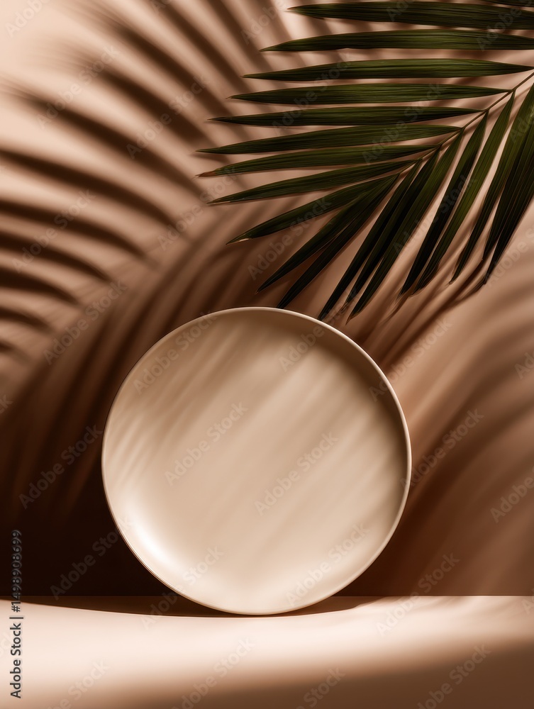 Poster minimalistic plate on a textured surface with palm leaf shadows creating depth