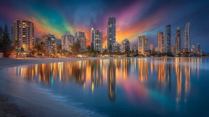 Naklejka premium Stunning cityscape of Gold Coast Australia at night with vibrant reflections in the water