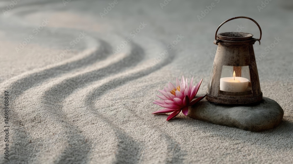 Poster Raked sand patterns in tranquility with lantern and lotus concept. A tranquil scene with a lantern, candle, stone, and flower.