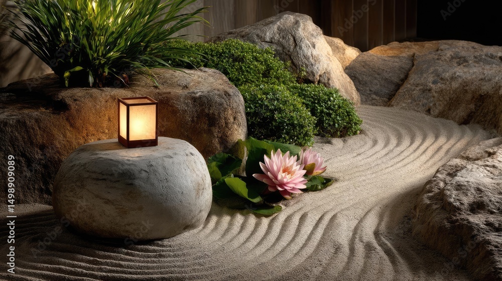 Poster raked sand patterns in tranquility with lantern and lotus concept. serene garden scene with rocks, p