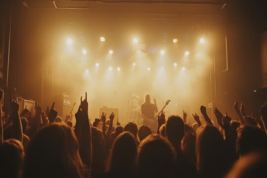 Lively crowd at rock concert cheering for performers under vibrant stage lights and a misty atmosphere - Powered by Adobe
