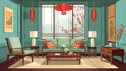 Serene Asian Living Room Interior Design With Mountain View