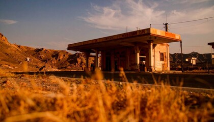 Abandoned old gas station on asphalt desert road