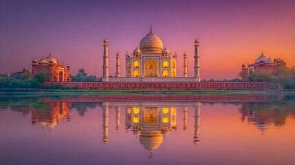 Obraz premium Taj Mahal reflecting in Yamuna River against a vibrant sunset sky in Agra, Uttar Pradesh, India