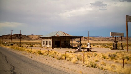 Abandoned old gas station on asphalt desert road