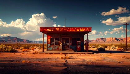 Abandoned old gas station on asphalt desert road