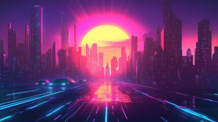 Obraz premium Cyberpunk Cityscape with Glowing Sunset and Neon Streaks Artistic Illusion