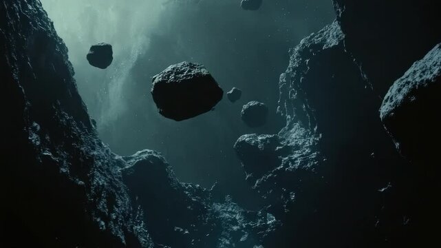 Ultra HD loop of floating asteroids drifting slowly in the vast darkness of deep space, perfect for cosmic-themed projects.