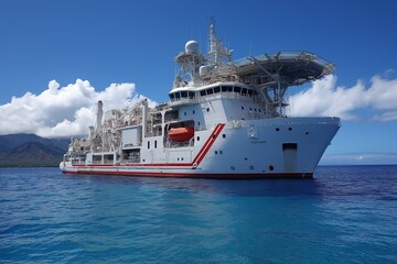 Fototapeta premium Cutting-edge underwater research ship floating near Oahu Island equipped with robotic manipulators and radio telescope for oceanic data acquisition