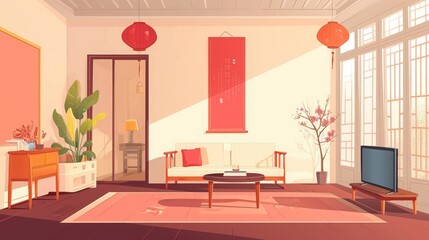 Serene Asian-style living room with a calming color palette and traditional decor elements such as red lanterns