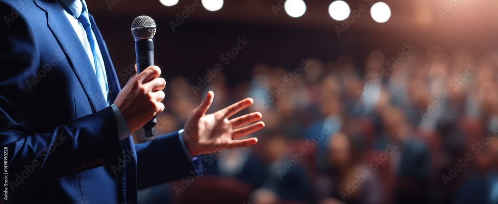 Poster the speaker engages the audience with compelling gestures and dynamic presentation.