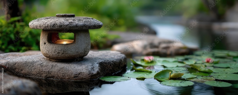 Poster stone lantern in harmony with peaceful lotus pond concept. tranquil scene with stone lantern and blo