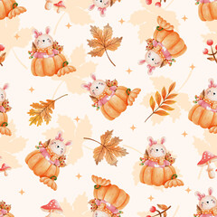 Autumn Bunny in Pumpkin Seamless Pattern with Fall Leaves and Mushrooms, Cute Watercolor Woodland Design