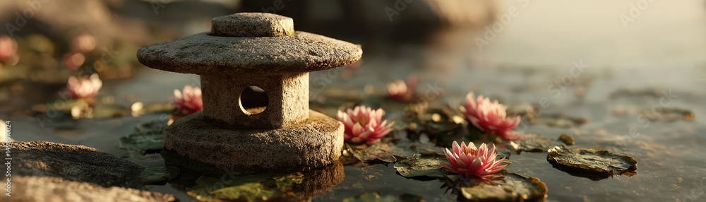 Aufkleber stone lantern in harmony with peaceful lotus pond concept. a tranquil scene with a stone lantern and