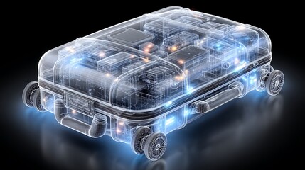 Transparent suitcase showcasing internal technology with glowing lights and intricate wireframe design